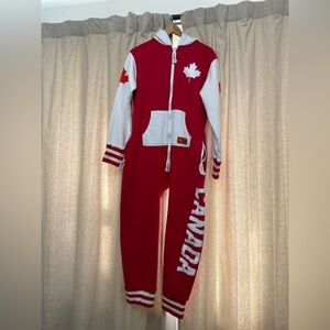 Tipsy Elves Canada One-Piece Onesie Jumpsuit Hoodie Red White Maple Leaf